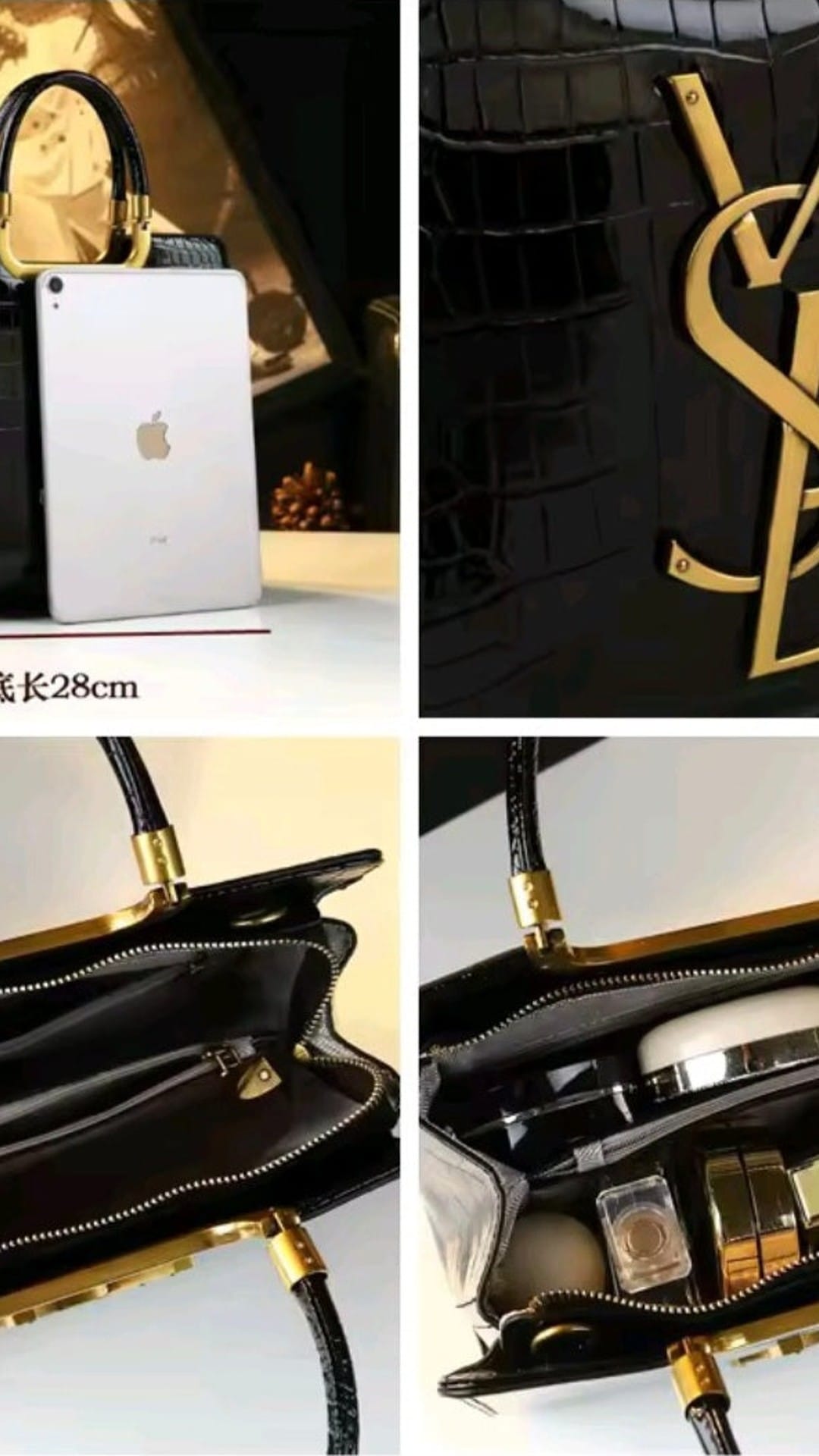 KissICON Luxury Black Croc-Embossed Tote Bag with Gold Monogram Detail