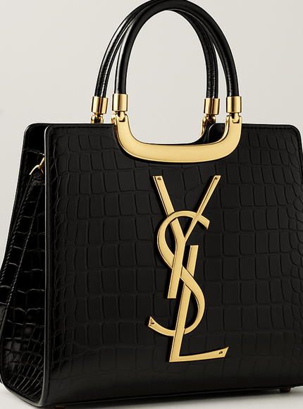 KissICON Luxury Black Croc-Embossed Tote Bag with Gold Monogram Detail