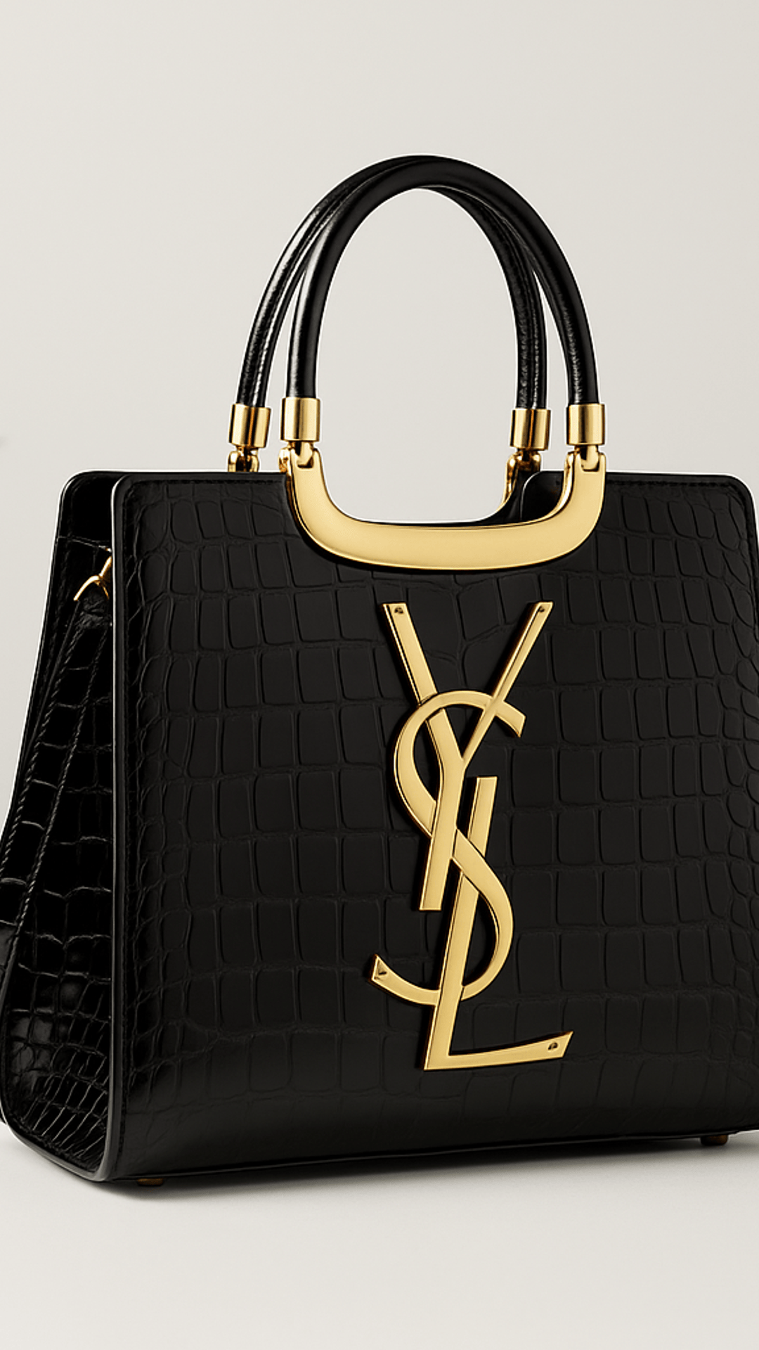 KissICON Luxury Black Croc-Embossed Tote Bag with Gold Monogram Detail