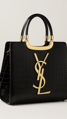 KissICON Luxury Black Croc-Embossed Tote Bag with Gold Monogram Detail