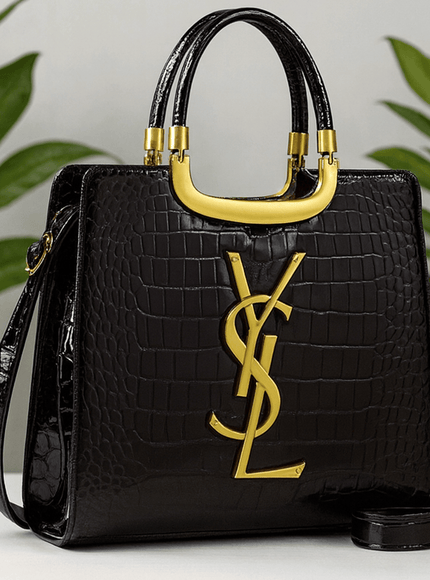 KissICON Luxury Black Croc-Embossed Tote Bag with Gold Monogram Detail