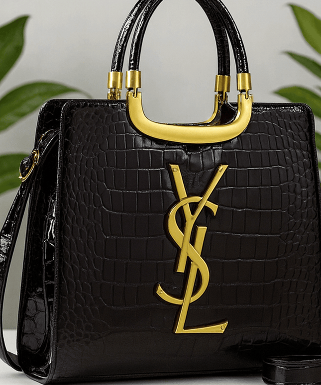 KissICON Luxury Black Croc-Embossed Tote Bag with Gold Monogram Detail