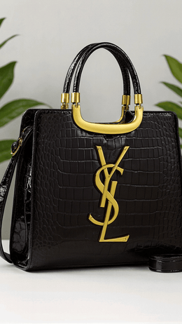 KissICON Luxury Black Croc-Embossed Tote Bag with Gold Monogram Detail