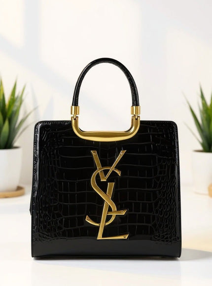KissICON Luxury Black Croc-Embossed Tote Bag with Gold Monogram Detail
