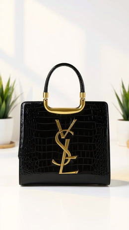 KissICON Luxury Black Croc-Embossed Tote Bag with Gold Monogram Detail
