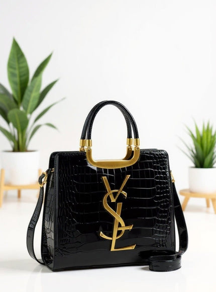 KissICON Luxury Black Croc-Embossed Tote Bag with Gold Monogram Detail