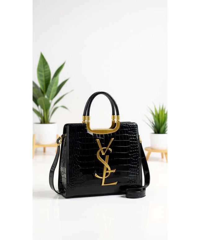 KissICON Luxury Black Croc-Embossed Tote Bag with Gold Monogram Detail