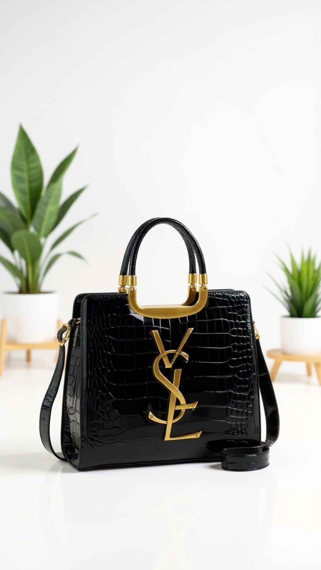 KissICON Luxury Black Croc-Embossed Tote Bag with Gold Monogram Detail