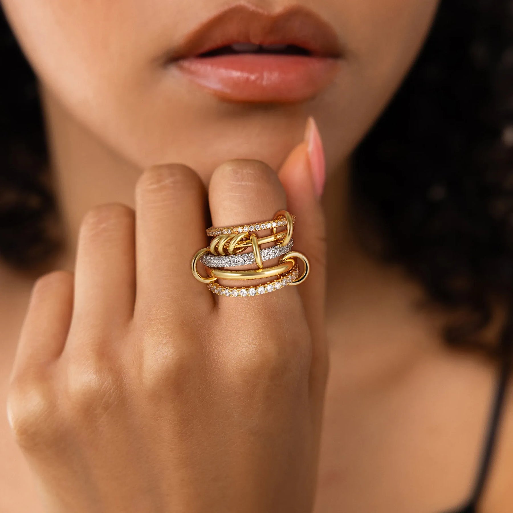 KissICON Luxury Cubic Zirconia Gold Plating Multilayer Connecting Rings for Women Fashion Mixed Color Stackable Finger Ring Party Jewelry
