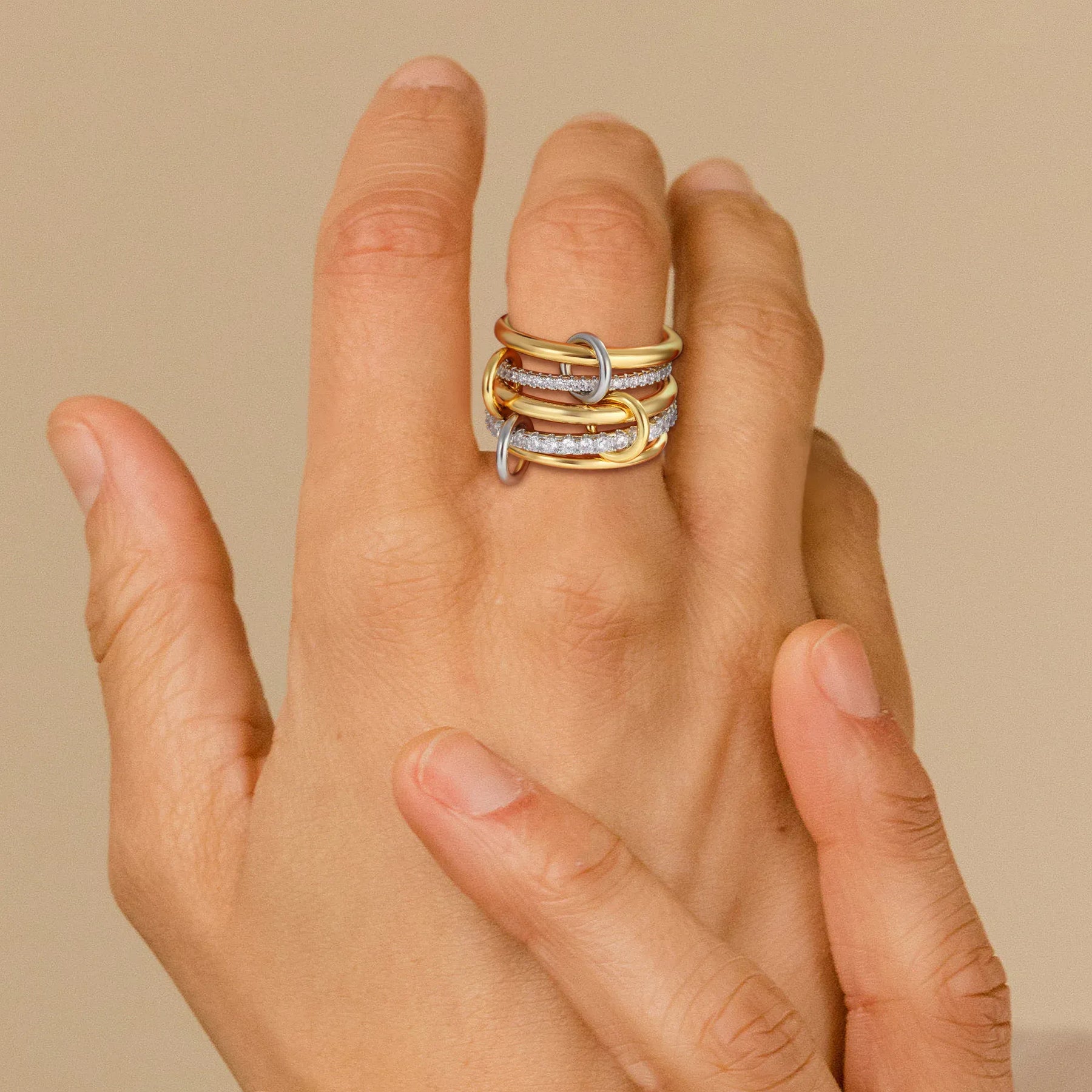 KissICON Luxury Cubic Zirconia Gold Plating Multilayer Connecting Rings for Women Fashion Mixed Color Stackable Finger Ring Party Jewelry