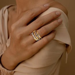 KissICON Luxury Cubic Zirconia Gold Plating Multilayer Connecting Rings for Women Fashion Mixed Color Stackable Finger Ring Party Jewelry