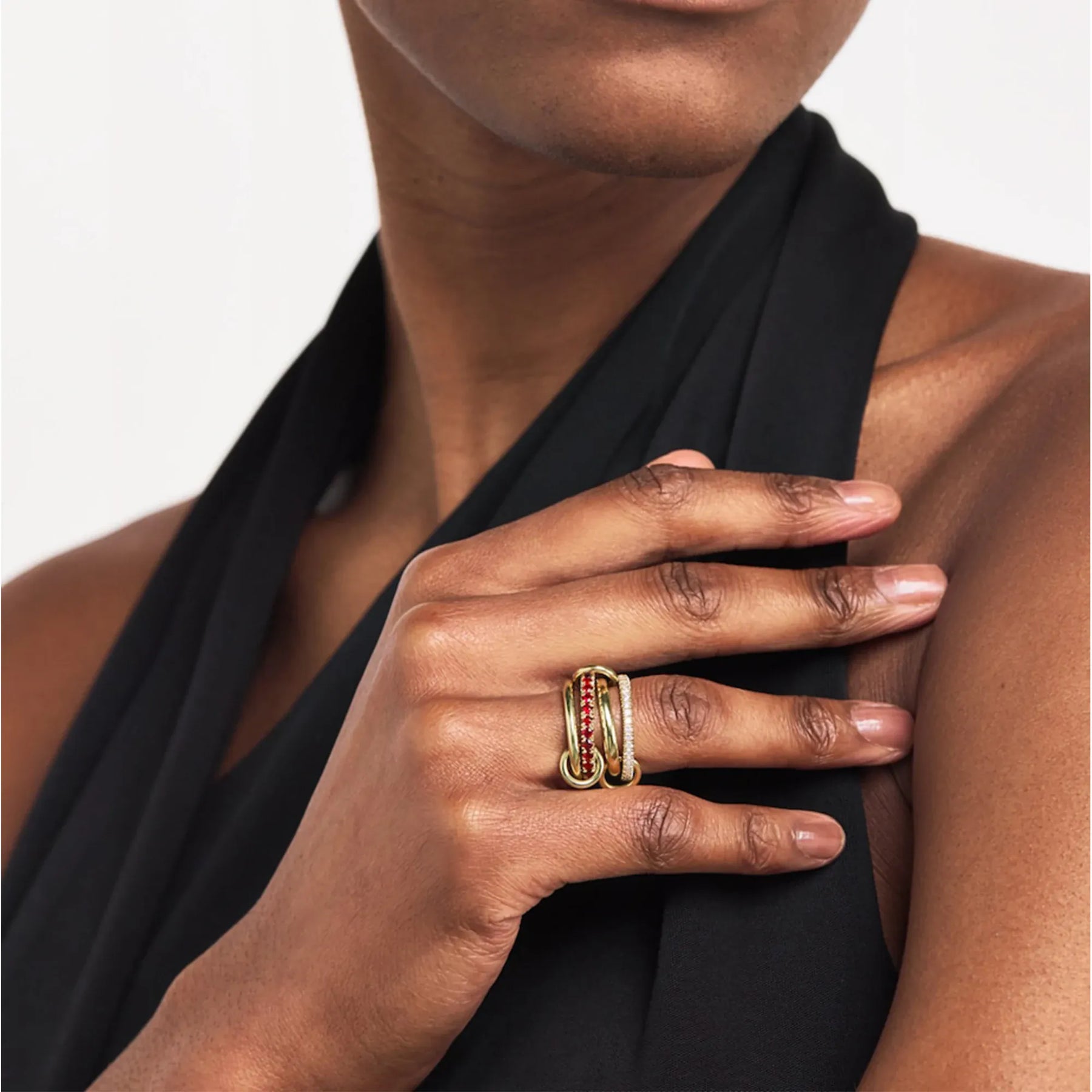 KissICON Luxury Cubic Zirconia Gold Plating Multilayer Connecting Rings for Women Fashion Mixed Color Stackable Finger Ring Party Jewelry