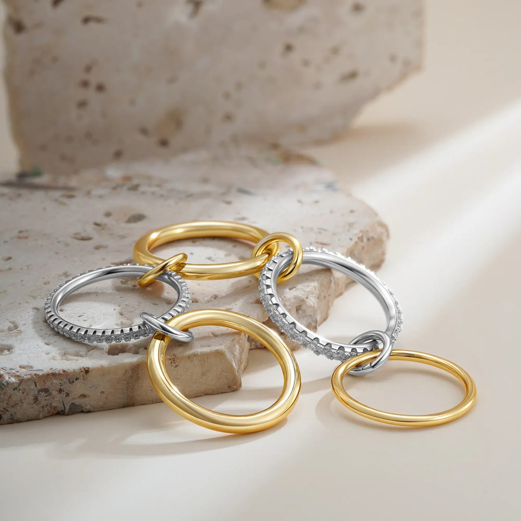 KissICON Luxury Cubic Zirconia Gold Plating Multilayer Connecting Rings for Women Fashion Mixed Color Stackable Finger Ring Party Jewelry