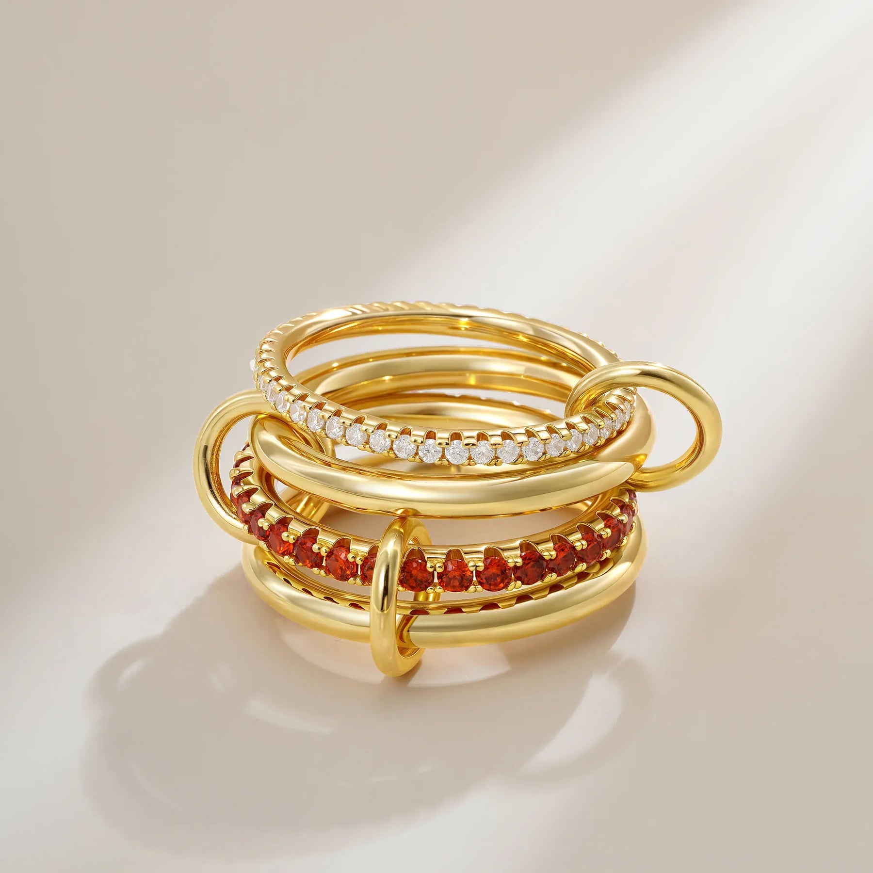KissICON Luxury Cubic Zirconia Gold Plating Multilayer Connecting Rings for Women Fashion Mixed Color Stackable Finger Ring Party Jewelry