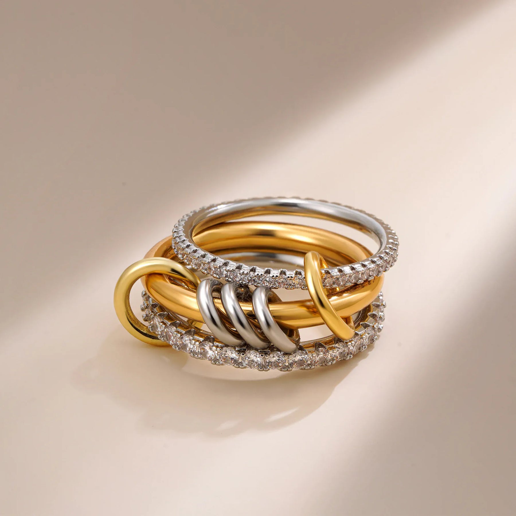 KissICON Luxury Cubic Zirconia Gold Plating Multilayer Connecting Rings for Women Fashion Mixed Color Stackable Finger Ring Party Jewelry