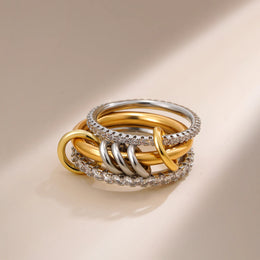 KissICON Luxury Cubic Zirconia Gold Plating Multilayer Connecting Rings for Women Fashion Mixed Color Stackable Finger Ring Party Jewelry