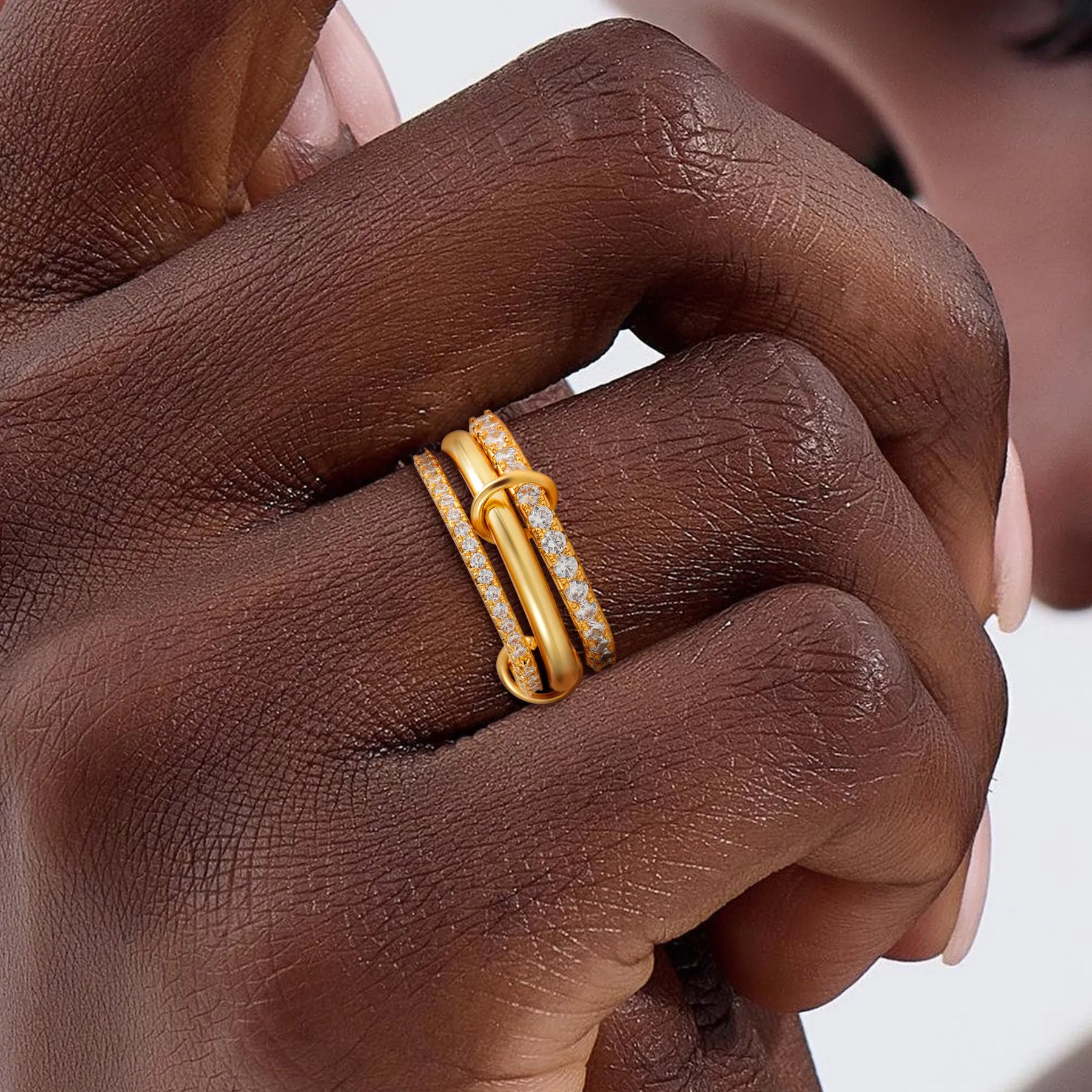 KissICON Luxury Cubic Zirconia Gold Plating Multilayer Connecting Rings for Women Fashion Mixed Color Stackable Finger Ring Party Jewelry