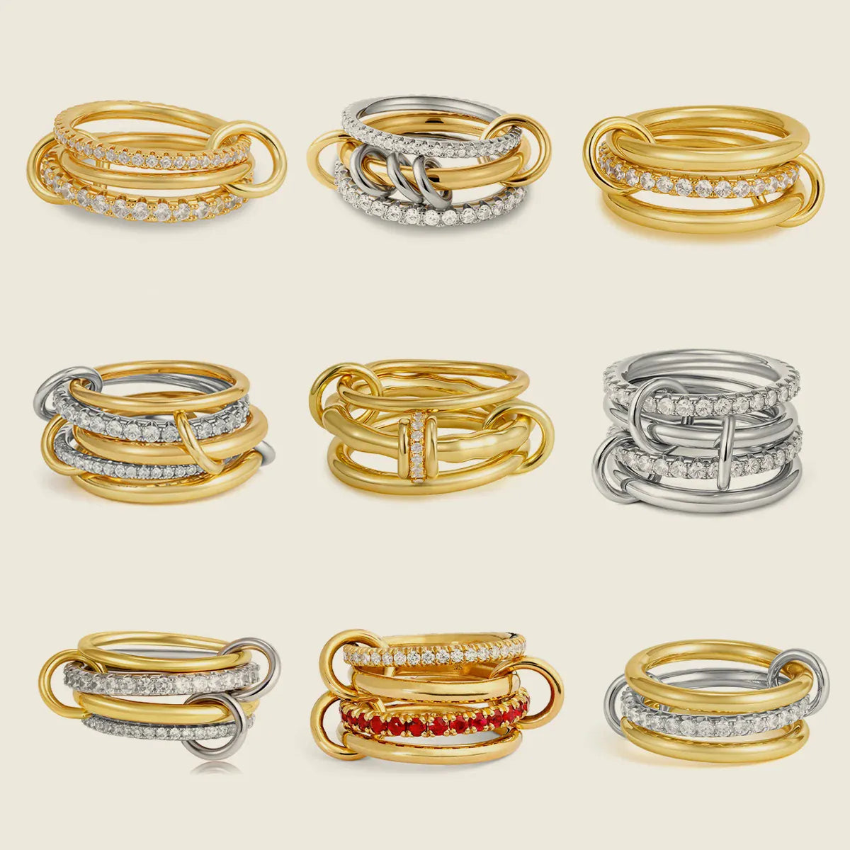 KissICON Luxury Cubic Zirconia Gold Plating Multilayer Connecting Rings for Women Fashion Mixed Color Stackable Finger Ring Party Jewelry