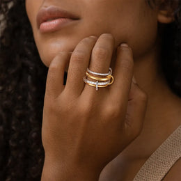 KissICON Luxury Cubic Zirconia Gold Plating Multilayer Connecting Rings for Women Fashion Mixed Color Stackable Finger Ring Party Jewelry