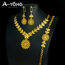 KissICON Luxury Dubai Wedding Jewelry Set 21k Gold Plated Arab Bridal Gold Necklace Bracelet Earrings Brazilian Women Vintage Jewelrys