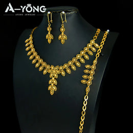 KissICON Luxury Dubai Wedding Jewelry Set 21k Gold Plated Arab Bridal Gold Necklace Bracelet Earrings Brazilian Women Vintage Jewelrys