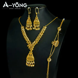 KissICON Luxury Dubai Wedding Jewelry Set 21k Gold Plated Arab Bridal Gold Necklace Bracelet Earrings Brazilian Women Vintage Jewelrys