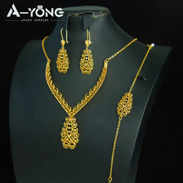 KissICON Luxury Dubai Wedding Jewelry Set 21k Gold Plated Arab Bridal Gold Necklace Bracelet Earrings Brazilian Women Vintage Jewelrys