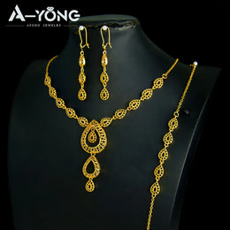 KissICON Luxury Dubai Wedding Jewelry Set 21k Gold Plated Arab Bridal Gold Necklace Bracelet Earrings Brazilian Women Vintage Jewelrys