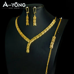 KissICON Luxury Dubai Wedding Jewelry Set 21k Gold Plated Arab Bridal Gold Necklace Bracelet Earrings Brazilian Women Vintage Jewelrys