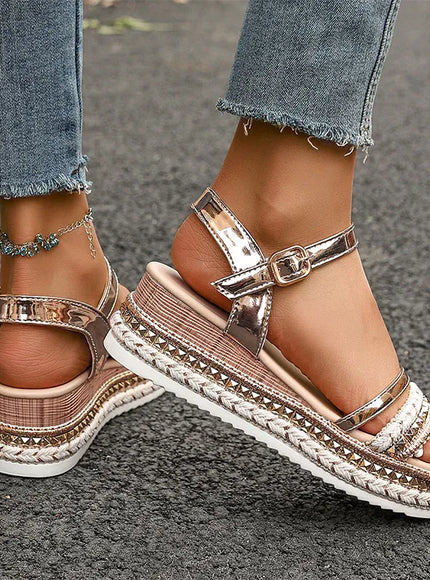 KissICON Luxury Gold Pu Leather Wedges Sandals Women Rivet
