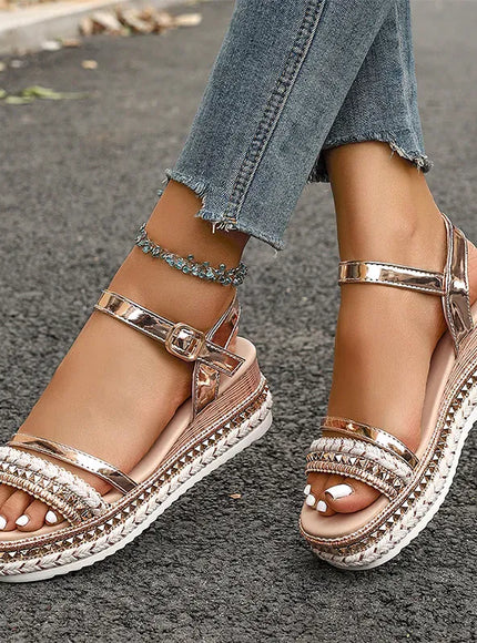 KissICON Luxury Gold Pu Leather Wedges Sandals Women Rivet