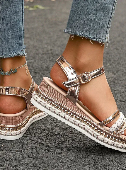 KissICON Luxury Gold Pu Leather Wedges Sandals Women Rivet