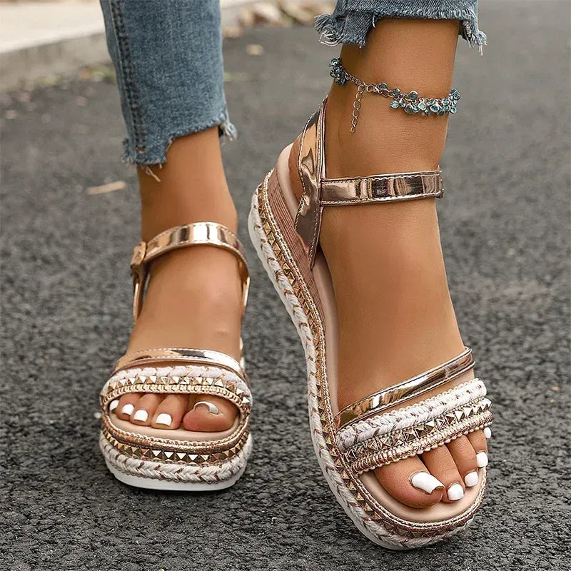 KissICON Luxury Gold Pu Leather Wedges Sandals Women Rivet