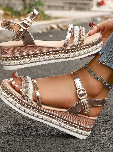 KissICON Luxury Gold Pu Leather Wedges Sandals Women Rivet