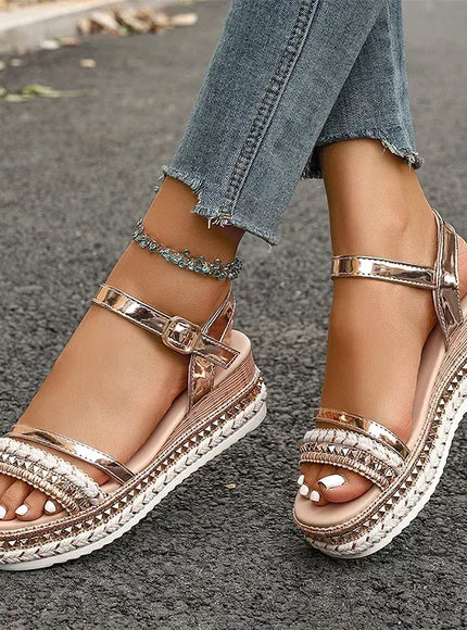 KissICON Luxury Gold Pu Leather Wedges Sandals Women Rivet