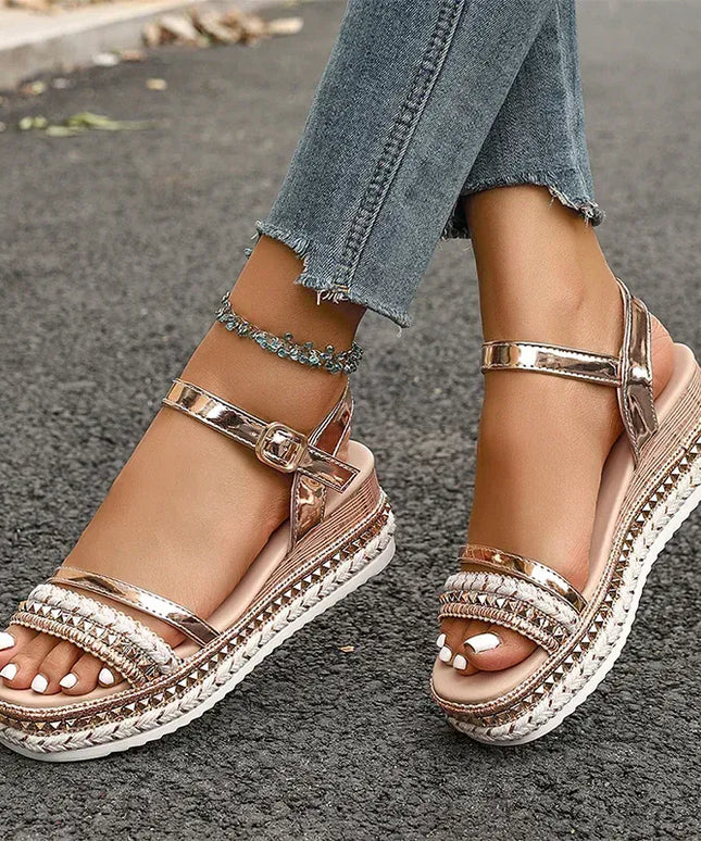 KissICON Luxury Gold Pu Leather Wedges Sandals Women Rivet