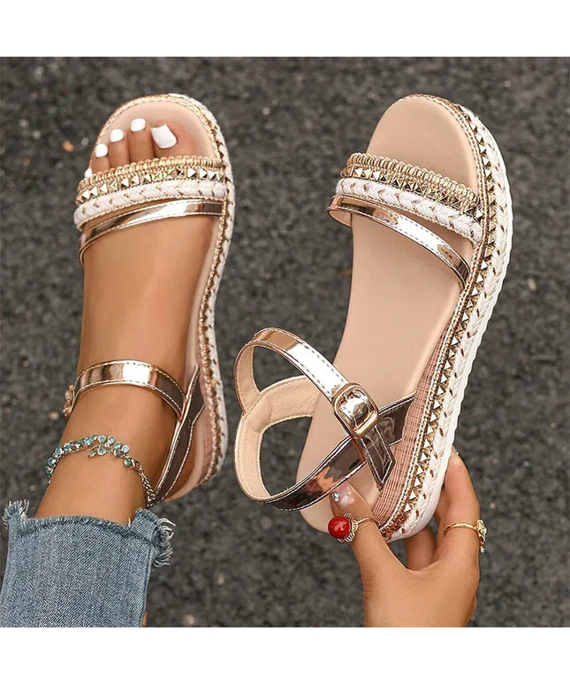 KissICON Luxury Gold Pu Leather Wedges Sandals Women Rivet