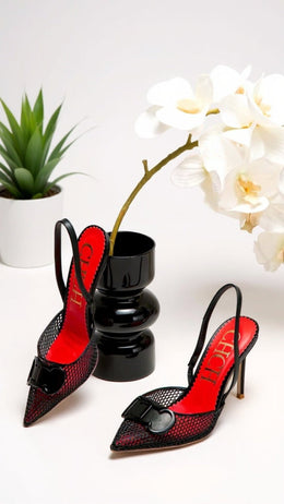 KissICON Luxury Mesh Slingback Stiletto Heels with Buckle Detail – Black & Red