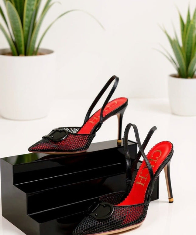 KissICON Luxury Mesh Slingback Stiletto Heels with Buckle Detail – Black & Red