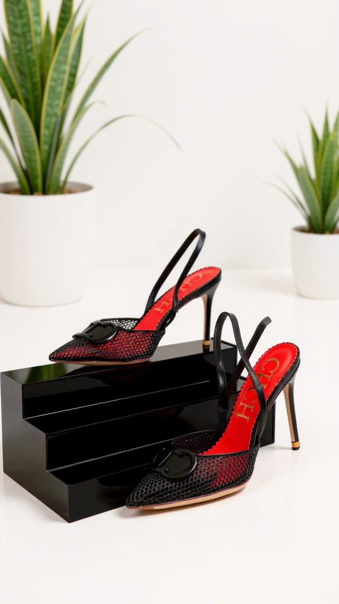 KissICON Luxury Mesh Slingback Stiletto Heels with Buckle Detail – Black & Red