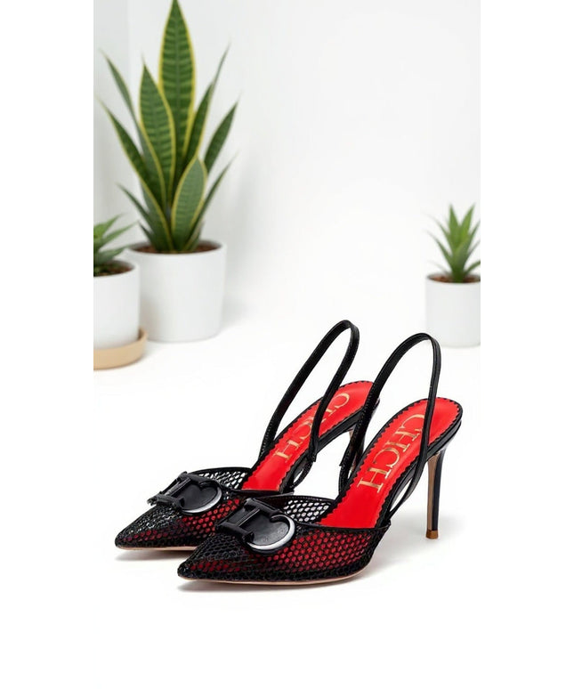 KissICON Luxury Mesh Slingback Stiletto Heels with Buckle Detail – Black & Red