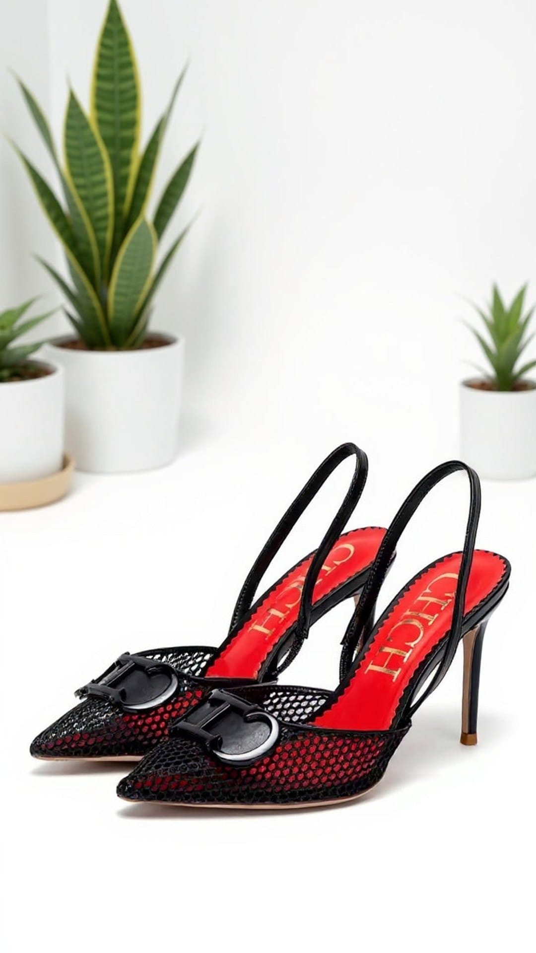 KissICON Luxury Mesh Slingback Stiletto Heels with Buckle Detail – Black & Red