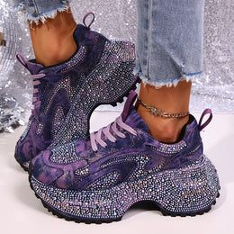 Dropshipman Luxury Rhinestone Chunky Sneakers for Women Fashion Purple Denim Platform Sports Shoes Woman Non Slip Thick Sole Vulcanize Shoes