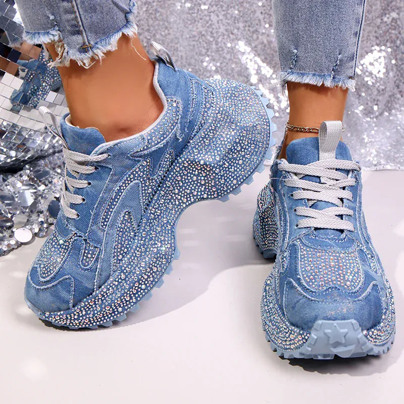 Dropshipman Luxury Rhinestone Chunky Sneakers for Women Fashion Purple Denim Platform Sports Shoes Woman Non Slip Thick Sole Vulcanize Shoes