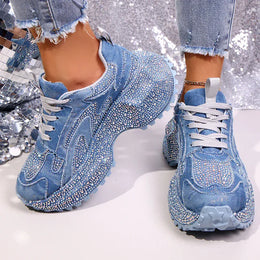 Dropshipman Luxury Rhinestone Chunky Sneakers for Women Fashion Purple Denim Platform Sports Shoes Woman Non Slip Thick Sole Vulcanize Shoes