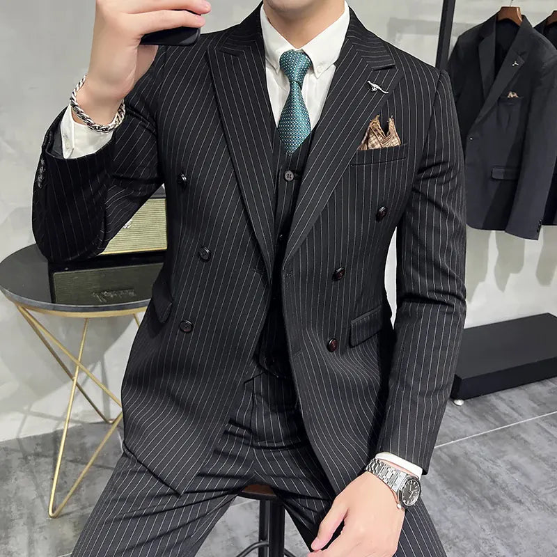 KissICON Luxury Striped DoubleBreasted Mens Groom Wedding Suit