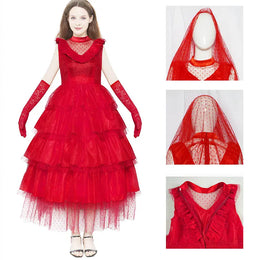 KissICON Lydia Deetz Costume with Gloves Scarf Lydia Women Wedding Dress Gothic Red Gown Halloween Outfits with Veil Beetle Bride Cosplay