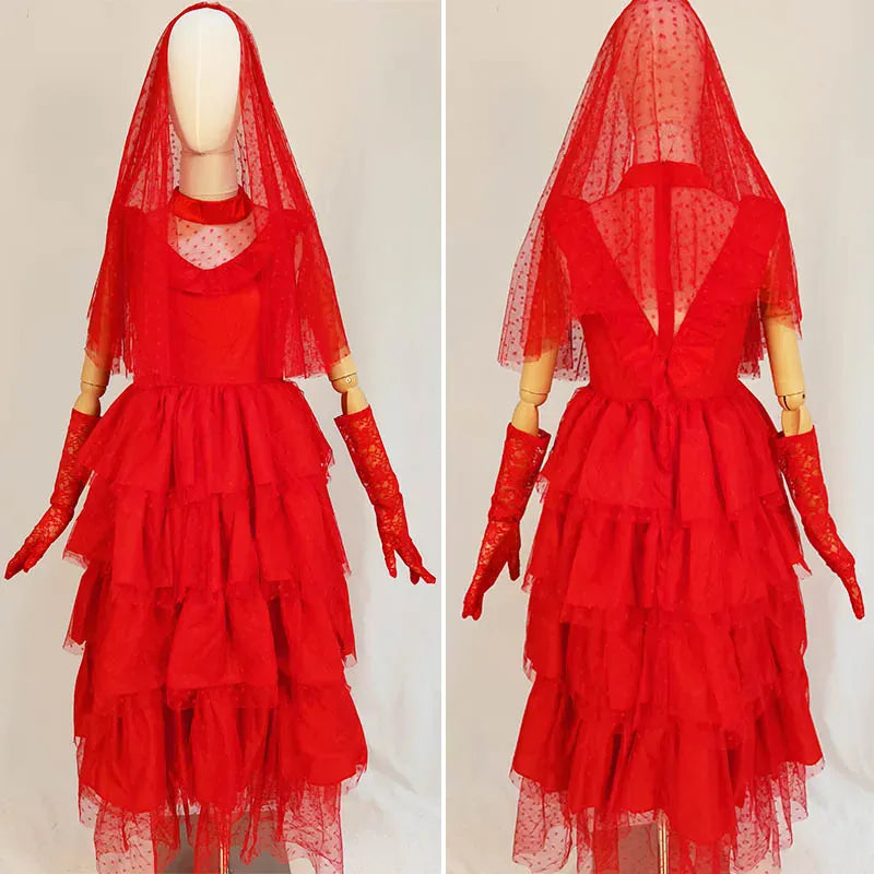 KissICON Lydia Deetz Costume with Gloves Scarf Lydia Women Wedding Dress Gothic Red Gown Halloween Outfits with Veil Beetle Bride Cosplay