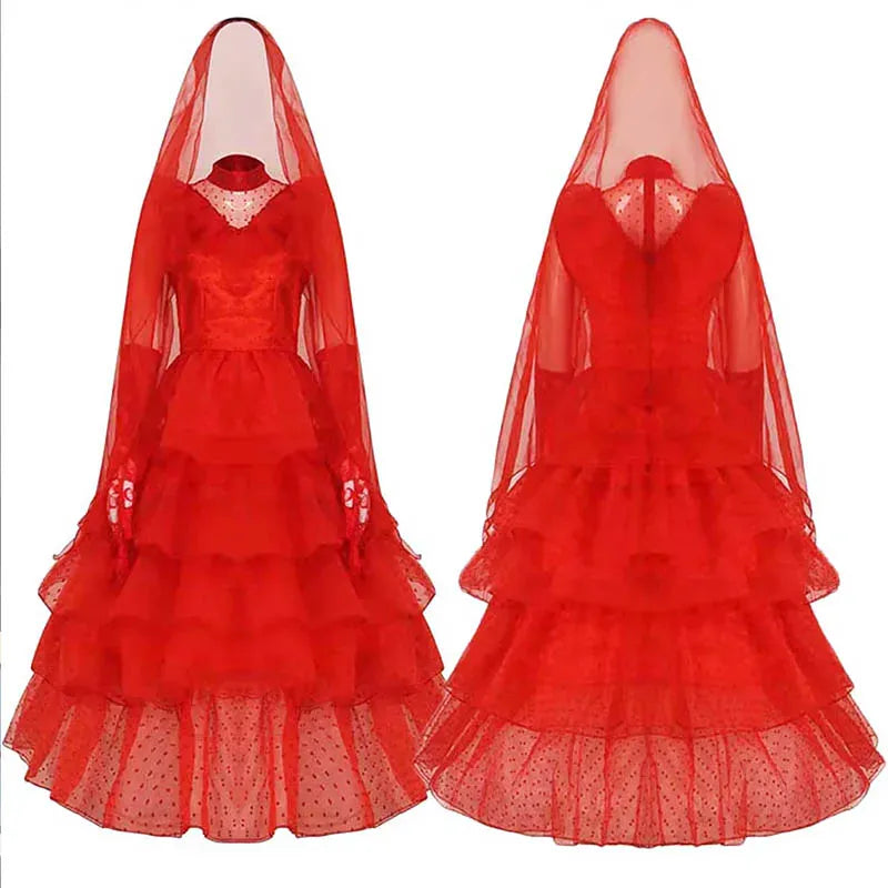 KissICON Lydia Deetz Costume with Gloves Scarf Lydia Women Wedding Dress Gothic Red Gown Halloween Outfits with Veil Beetle Bride Cosplay