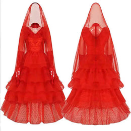 KissICON Lydia Deetz Costume with Gloves Scarf Lydia Women Wedding Dress Gothic Red Gown Halloween Outfits with Veil Beetle Bride Cosplay
